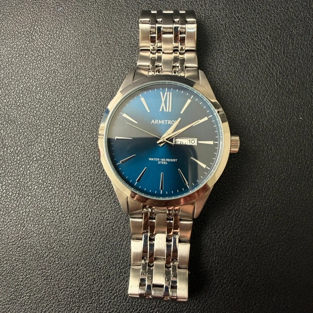 Armitron 20/5491SV Men's Blue Dial Day/Date Silver Tone Watch New Battery